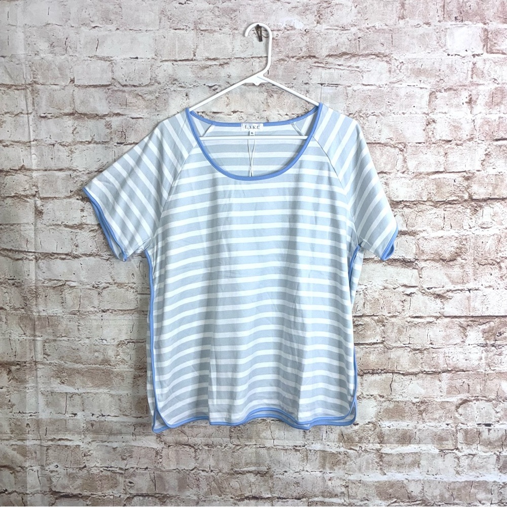 Lake Pima Short Sleeve Pajama Top in Blue Gray Club Stripe Size XL NEW